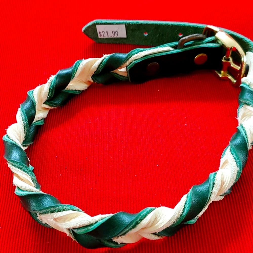 Brand New Leather Dog Collar Green/Whilte 20 inch